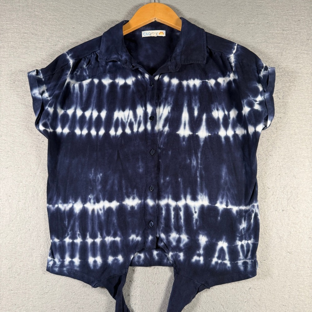 C&C California Womens Navy Blue Tie Dye Short Sleeve Front Tie Button Down Top S